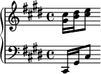 Input: \new PianoStaff <<
<<
\new Staff
\relative c' {
\key e \major
\clef treble
<gis' cis>16 <b dis> <cis e>8 }
>>
<<
\new Staff
\relative c {
\key e \major
\clef bass
cis,16 gis' cis8 }
>>
>>